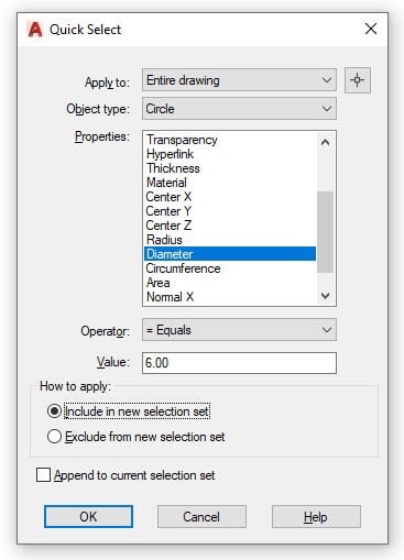 AutoCAD Quick Select Diameter