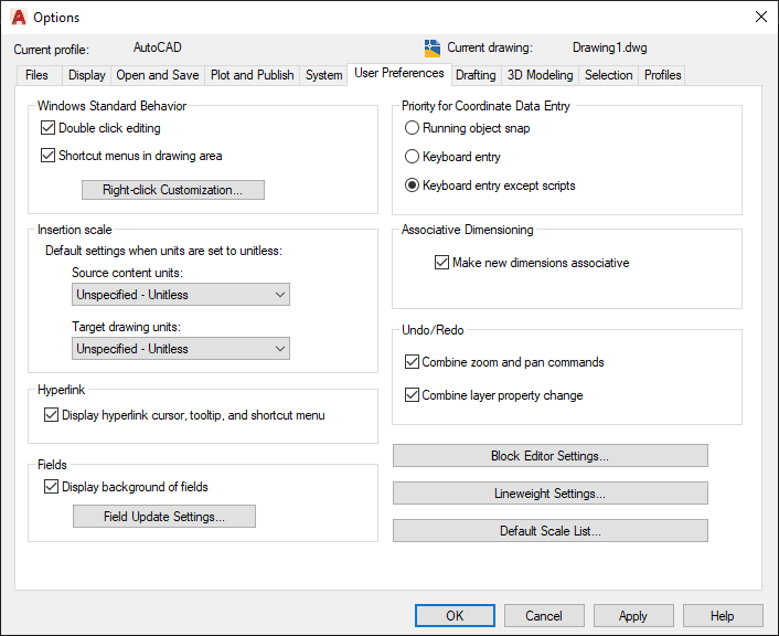 user preferences tab AutoCAD