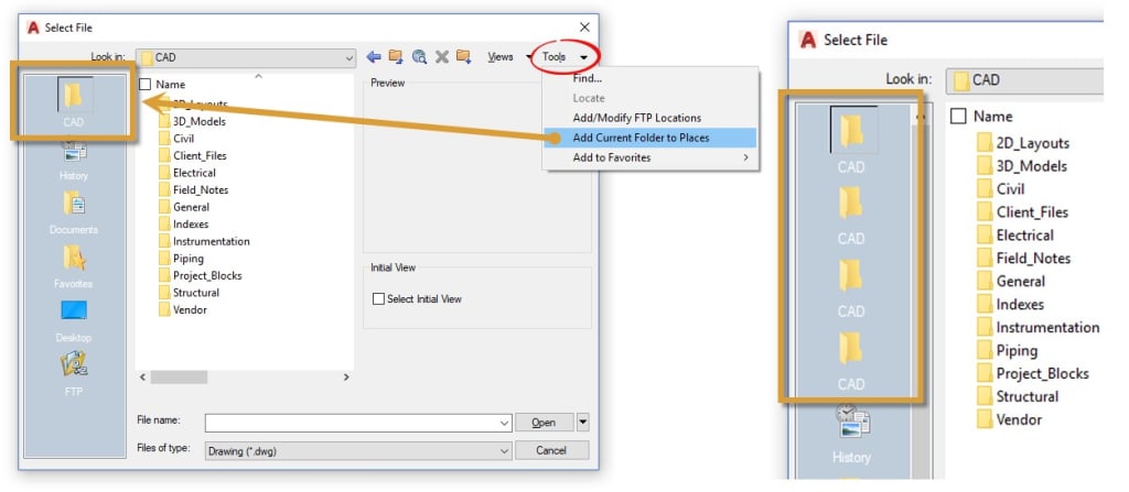 Add folder to AutoCAD Places