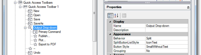 Basic AutoCAD Customization Quick Access Toolbar: The Properties pane contains properties that are used to control the appearance and behavior of a drop-down menu