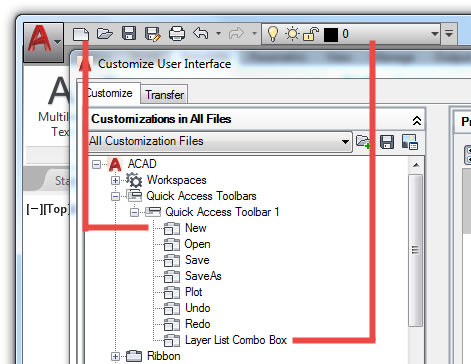 Basic AutoCAD Customization Quick Access Toolbar: Organization of tools on the QAT compared to their structure in the CUI editor