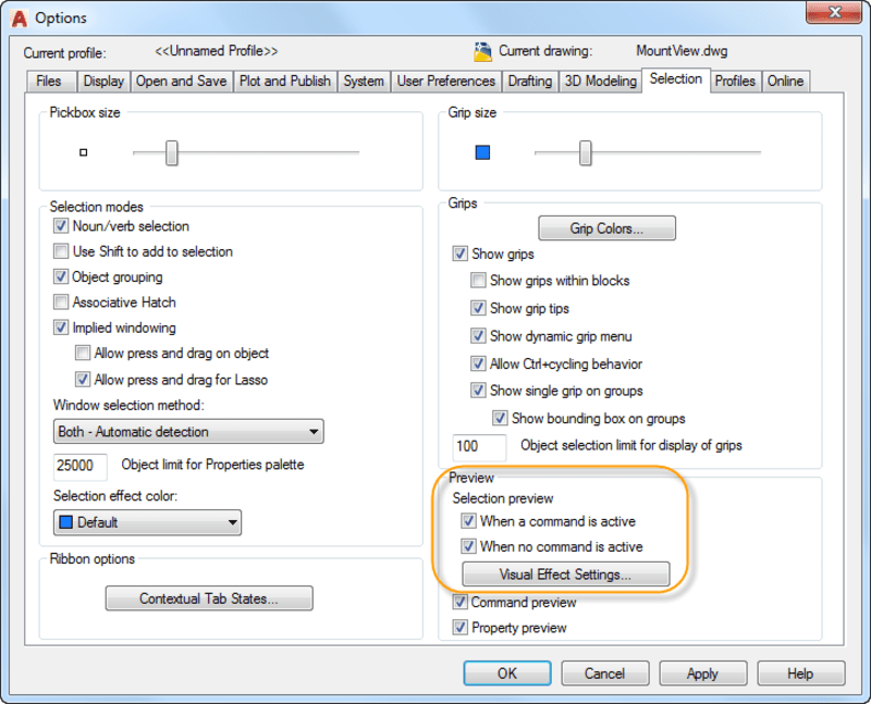Selection Tab in the Options Dialog Box.