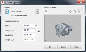 AutoCAD 2017 - 3D Print Options dialog box.