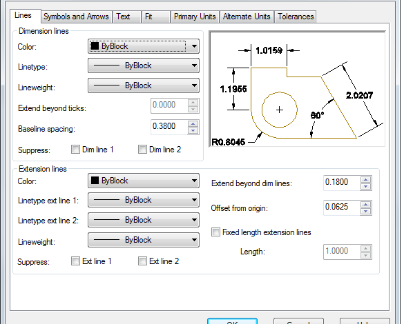 AutoCAD Dimensions dialog box