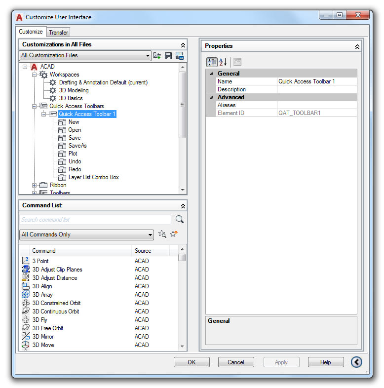 Basic AutoCAD Customization Quick Access Toolbar: Customize User Interface (CUI) editor