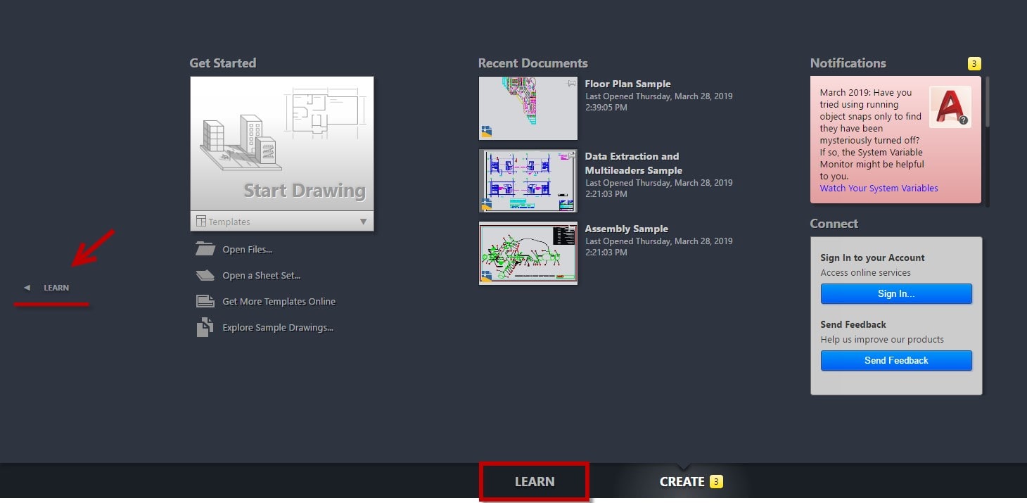 Learn page in AutoCAD
