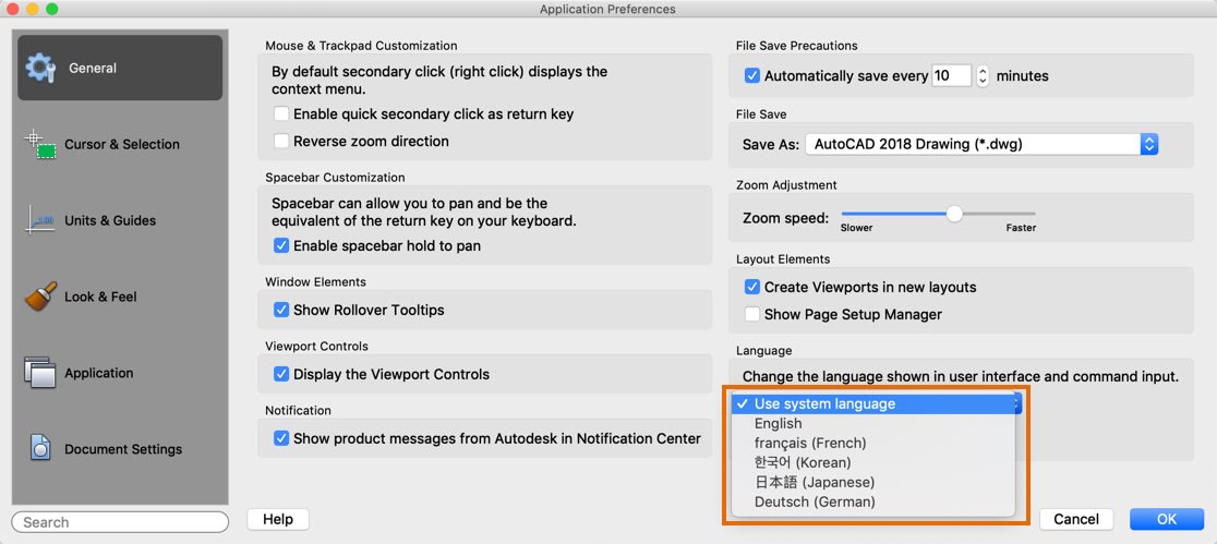 Application preferences languages AutoCAD for Mac