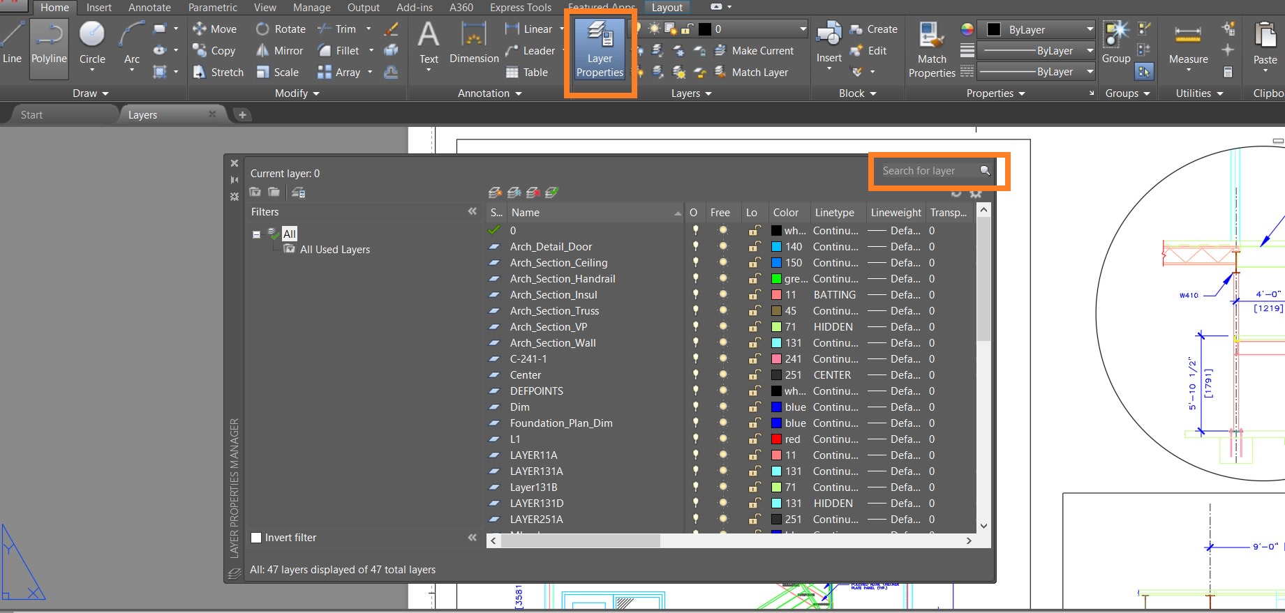 layer manager AutoCAD