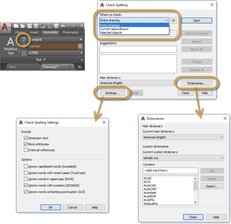 Editing Text in AutoCAD: Spell Check